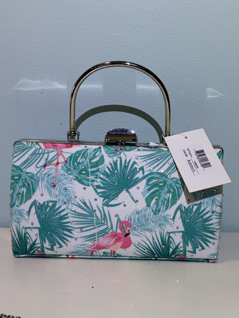 NWT D’Margeaux Tropical Leaf & Flamingo Print Evening Bag With Detachable Chain